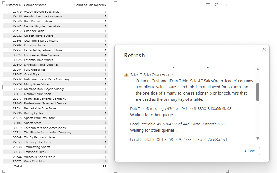 The refresh failure dialog, triggered when customer 30050 placed a second order