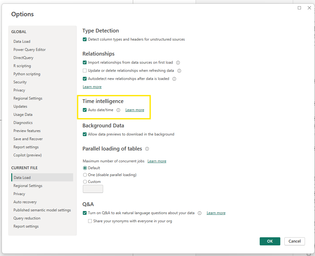 The default setting — Auto date/time on under Time Intelligence