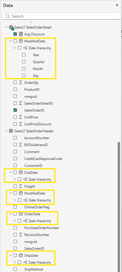 Five separate date columns, each with its own auto-generated Date Hierarchy