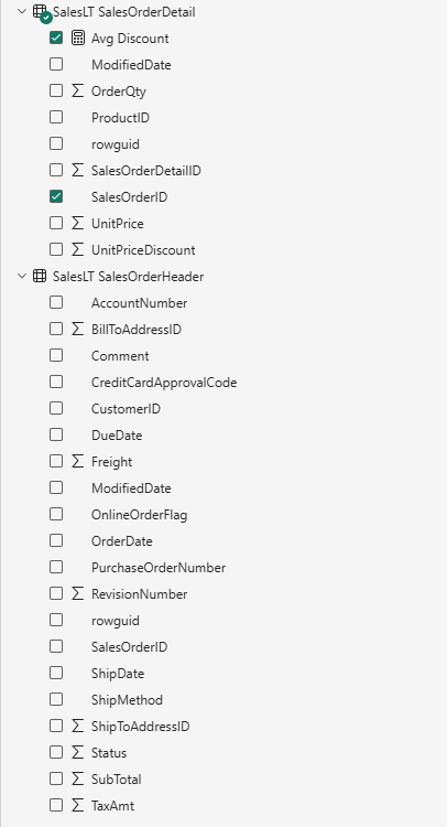 Field list after the fix — plain date columns, no auto-generated hierarchies