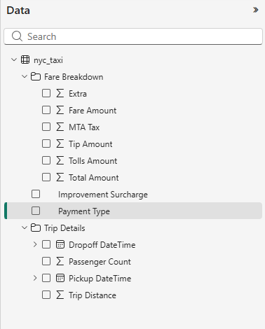 Same fields, organised into Fare Breakdown and Trip Details folders — internal fields hidden