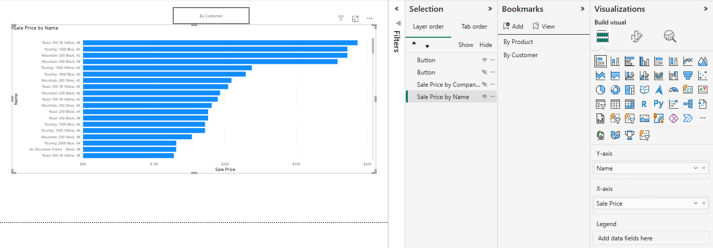 The bookmark approach — two bookmarks, two buttons, chart swapped via bookmark actions