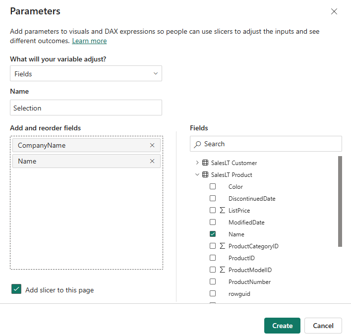 Two fields added to the parameter — Power BI auto-generates the table and slicer