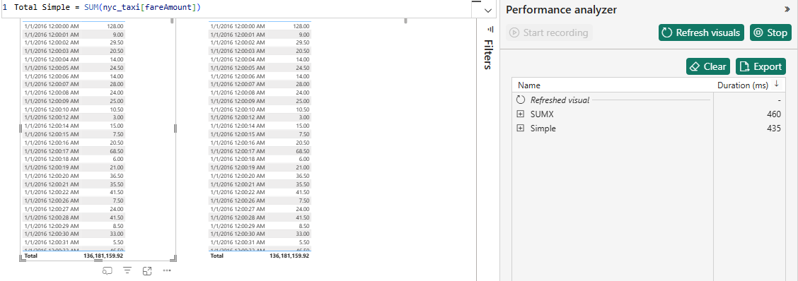 SUMX 460ms versus plain SUM 435ms — SUM wins when there is nothing to fold